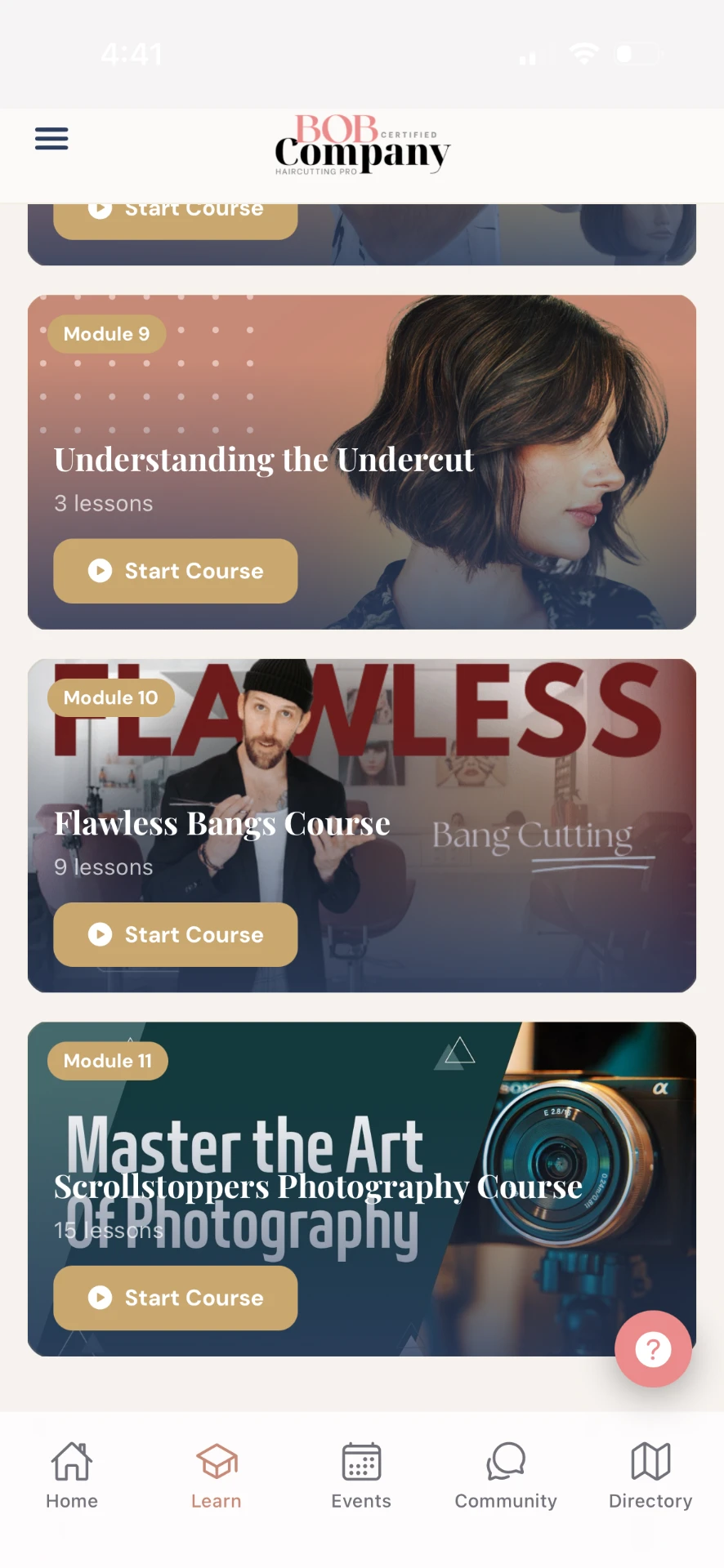 The Bob Company app dashboard showing the Flawless Bangs and Scrollstoppers Photography courses