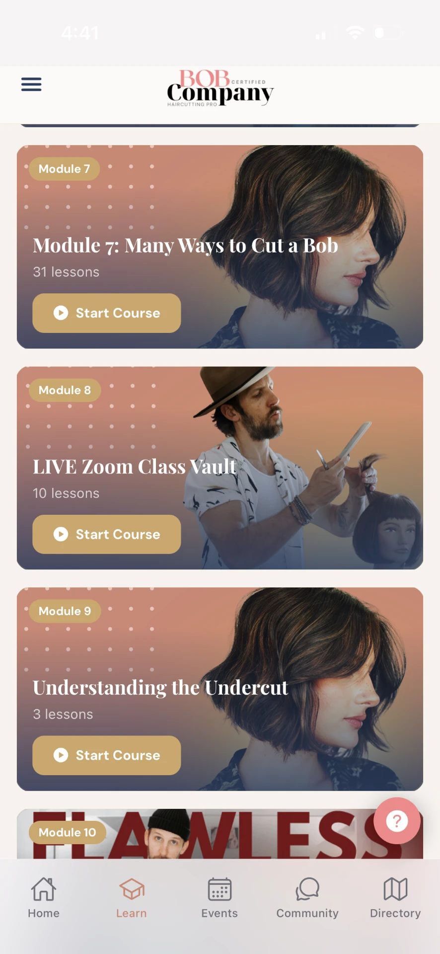 The Bob Company app dashboard showing Module 7: Many Ways to Cut a Bob and the Live Zoom Class Vault