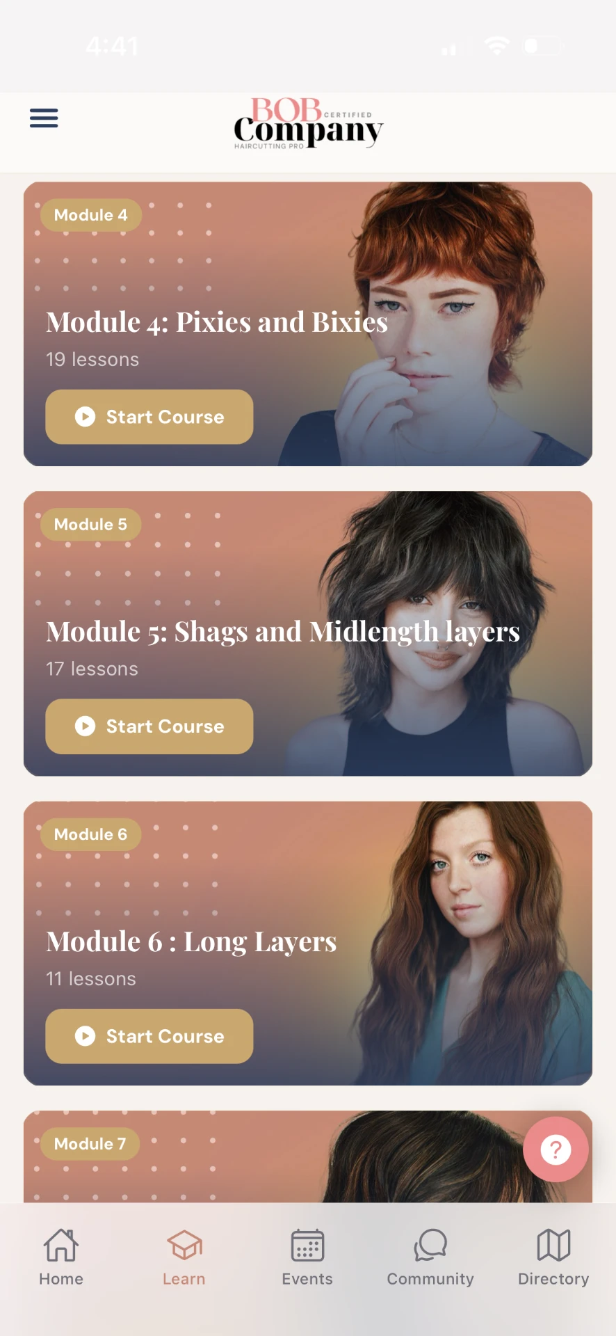 The Bob Company app dashboard showing Module 4: Pixies and Bixies, Module 5: Shags and Midlength Layers, and Module 6: Long Layers